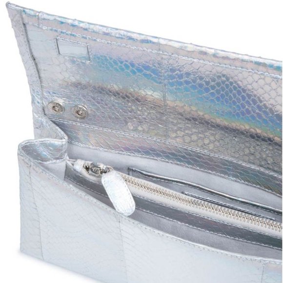 Auth Brand New Nancy Gonzalez GENUINE PYTHON silver mirror Gotham clutch + strap - Picture 4 of 14
